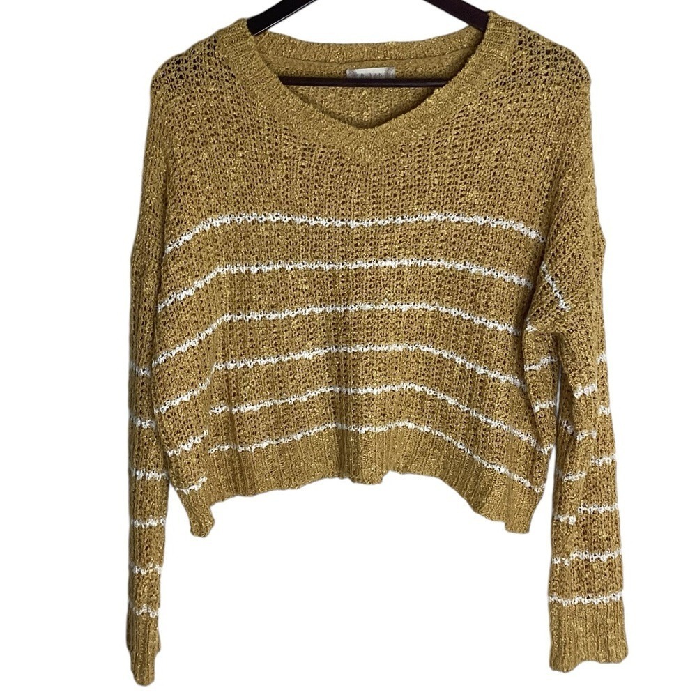 Attard State‎ Womens Sweater Size L Mustard Yellow White Stripe V Neck Knit